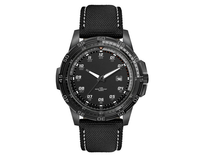 A sports watch with a black face and numbers, featuring a textured black rPET strap and a logo.
