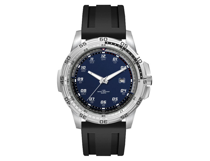 A sports watch with a silver stainless steel case, a dark blue dial, and a black silicone strap. It features a logo.