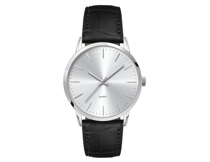 A men's dress watch with a silver dial and a black leather strap, featuring minimalist hour markers and a logo.