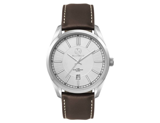 A men's casual dress watch featuring a silver dial, stainless steel case, and brown leather strap. The watch has a logo.