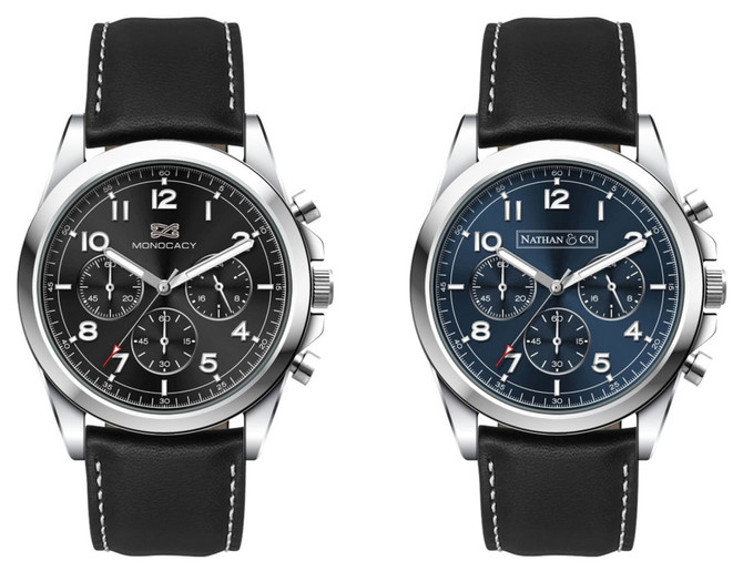 A unisex Chrono watch with a black leather strap, featuring two dial options: black and blue. Each has a branded logo.