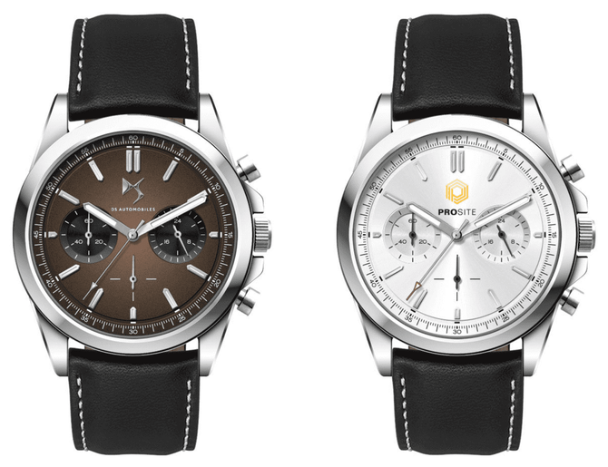A unisex watch featuring a brown dial and black leather strap alongside a silver dial and leather strap watch.