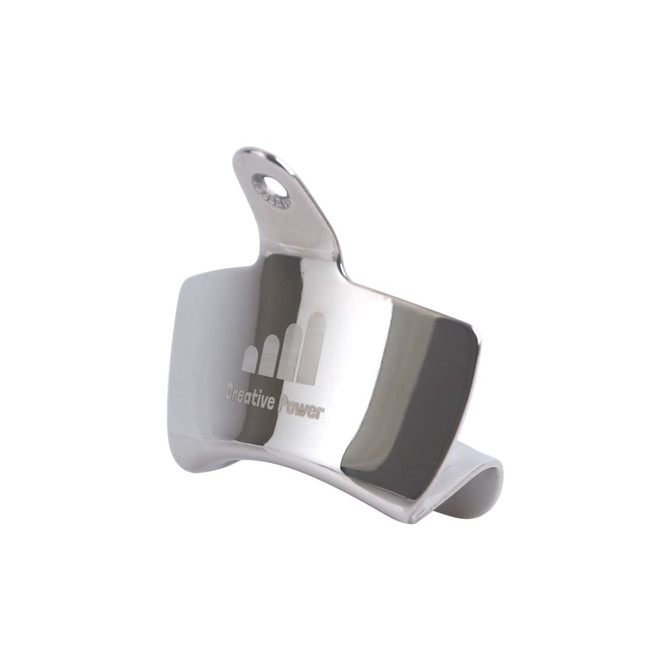 A drink bottle opener in shiny stainless steel, featuring a wall mount design and a logo.