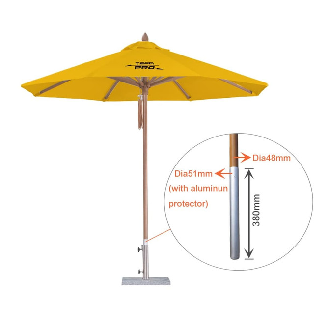 A yellow wind-resistant square outdoor umbrella with a wooden pole and a circular base, featuring a logo.