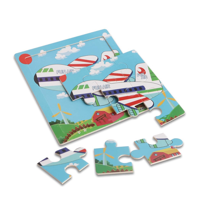 A set of colourful wooden jigsaw puzzle pieces featuring a plane and landscape, with a branding logo present.