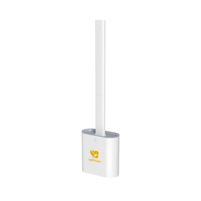 A silicone toilet brush in white with a grey base, featuring a logo on the front.