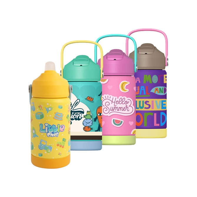 A drink bottle set featuring four brightly coloured 350ml stainless steel water bottles with various playful designs and logos.