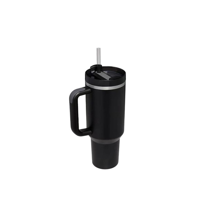 A drink bottle in black stainless steel with a lid and straw, featuring a sturdy handle and a sleek design.