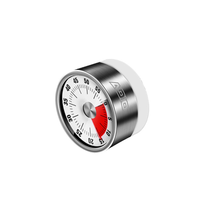 A silver and white mini magnetic visual timer with a round dial and a red section for countdowns.
