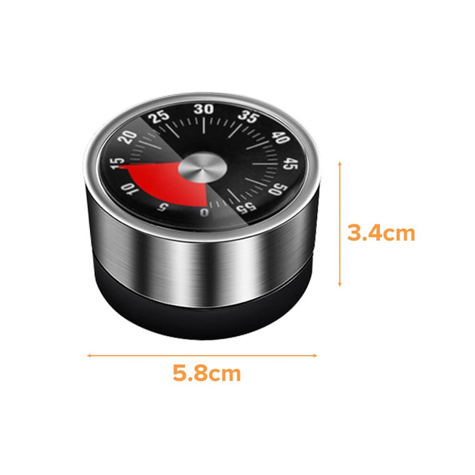 A round, silver and black mini magnetic visual timer with a dial marked in red and black. Dimensions are 5.8cm by 3.4cm.