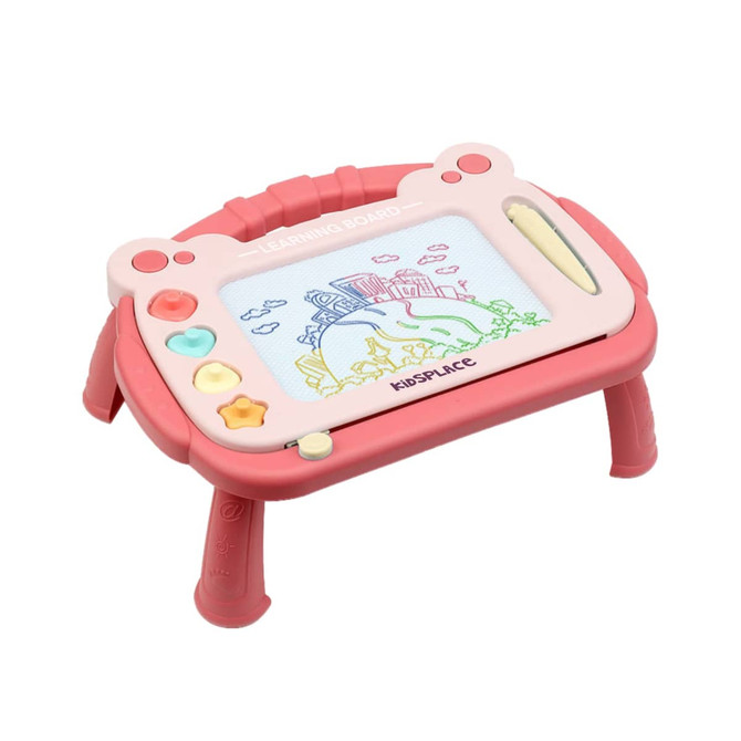 A pink magnetic drawing board with a stand, featuring a colourful drawing area and buttons in various shapes.
