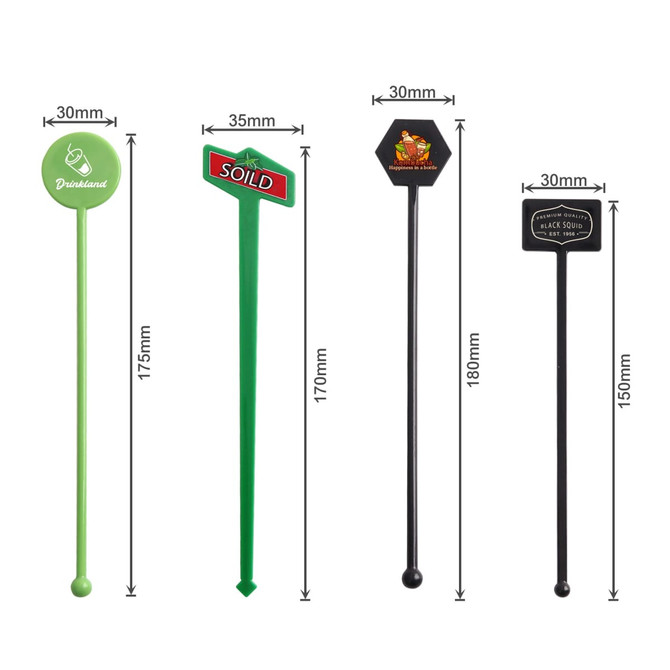 A set of four cocktail drink stirrers in green and black, featuring various shapes and designs, including logos.