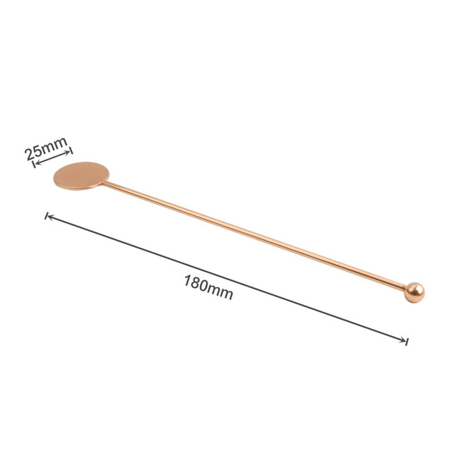 A rose gold stainless steel cocktail drink stirrer with a round flat end and a ball end, measuring 180mm in length.