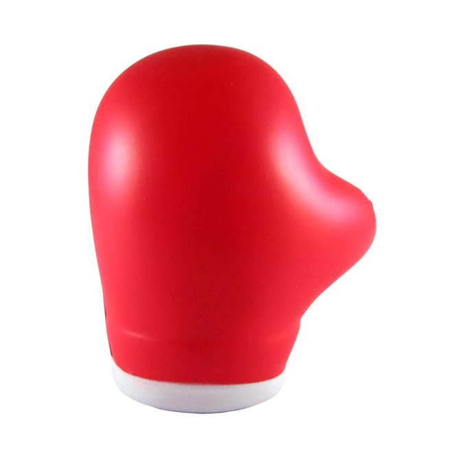 A red boxing glove-shaped stress reliever with a white base and a smooth finish. It features a logo on it.