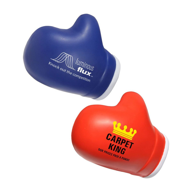 A blue and red boxing glove-shaped stress reliever featuring branding on both sides.