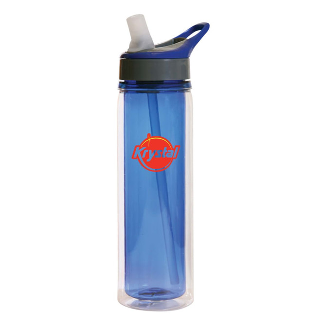 A drink bottle with a transparent body and blue accents, featuring a straw and a logo.