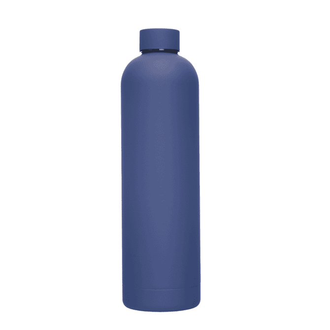 A drink bottle in a matte navy blue finish, featuring a secure screw cap and a minimalist design.