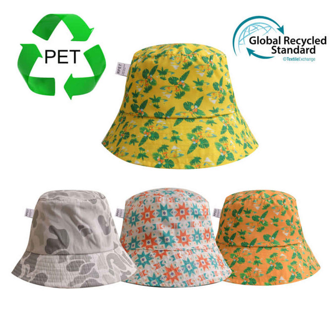 A collection of four bucket hats featuring floral, geometric, camouflage, and orange patterns. One has a logo.