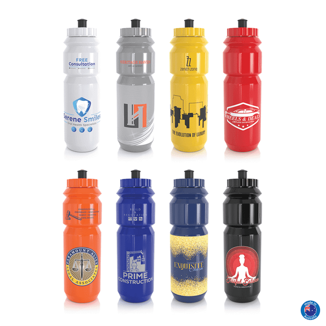 A drink bottle collection featuring various colours including red, blue, black, and orange, each with a different logo.