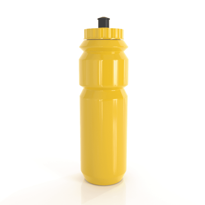A drink bottle in vibrant yellow, featuring a black spout, with a textured grip and a branding logo.