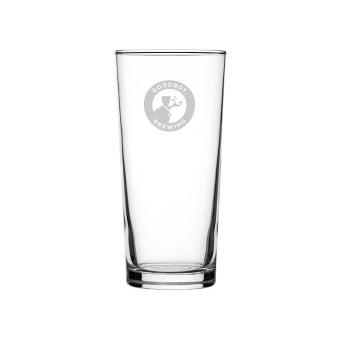 A clear, tall glass featuring a circular logo, designed for beer or beverage serving.