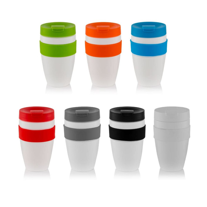 A collection of eight travel mugs in various colours, including green, orange, blue, red, grey, and white, with matching lids.