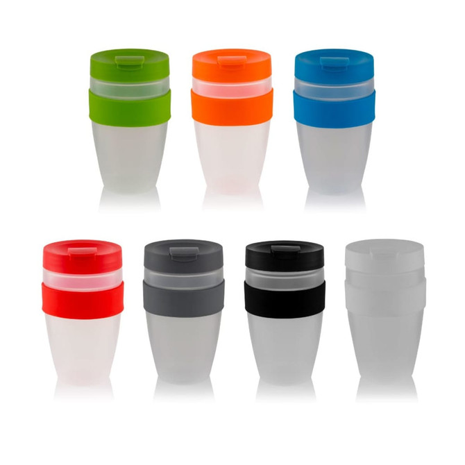 A set of eight travel mugs in various colours, including green, orange, blue, red, grey, and black, with matching lids.