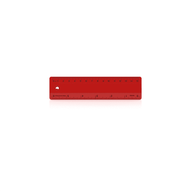 A red 15cm ruler with measurement markings and a logo on one side, suitable for office use.