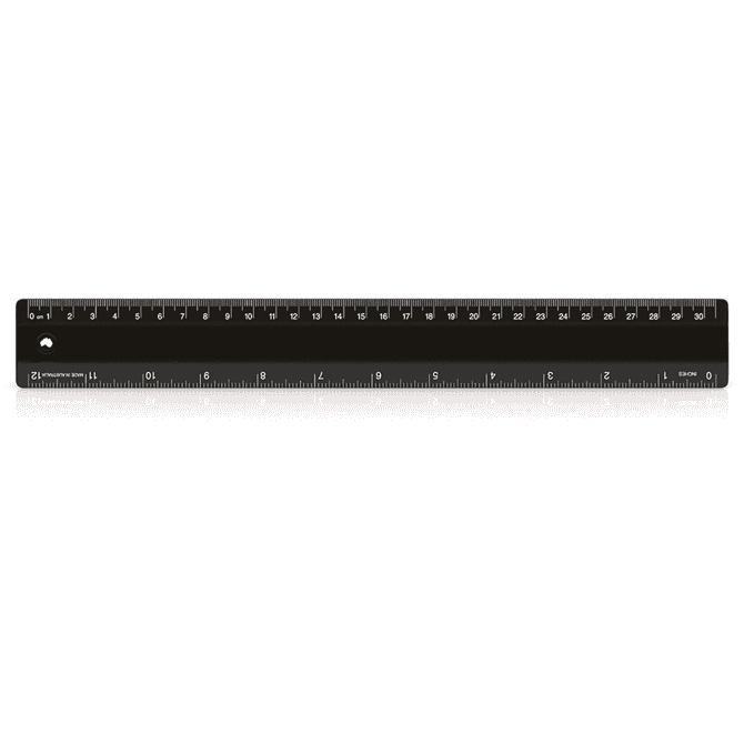 A 30cm black ruler with measurements in centimetres and millimetres, featuring a logo.