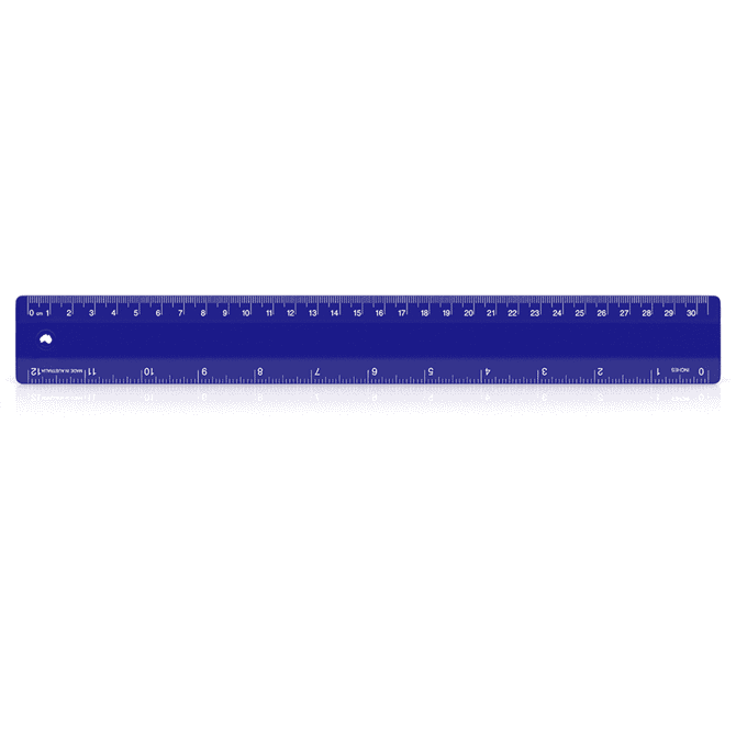 A 30cm blue plastic ruler with both metric and imperial markings, featuring a hole for easy storage.