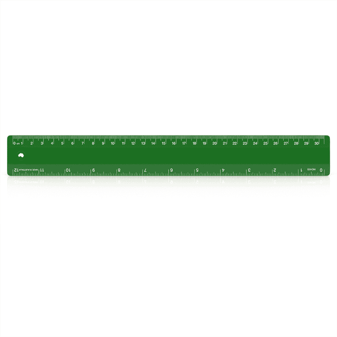 A green 30cm ruler with measurement markings and a hole at one end, featuring a logo.