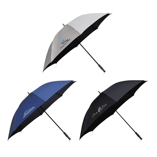 Three umbrellas in grey, blue, and black, each featuring a logo or branding.