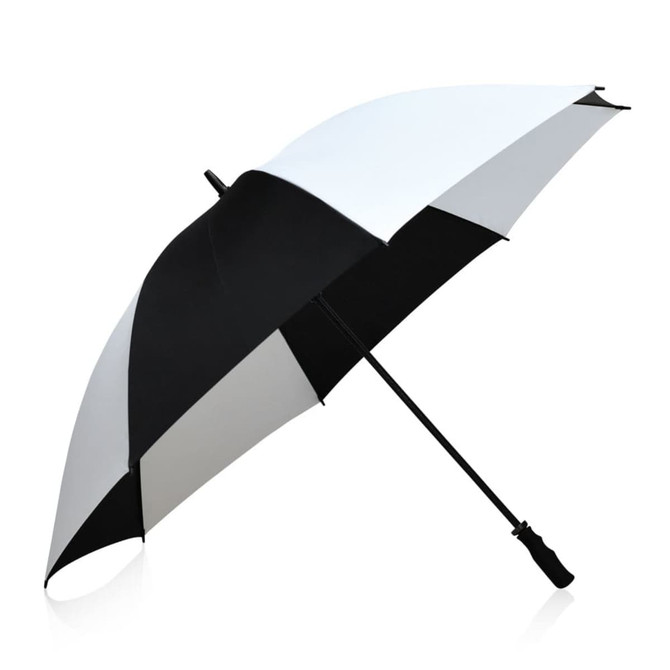 A black and white umbrella with a curved handle and a branded logo on the canopy.