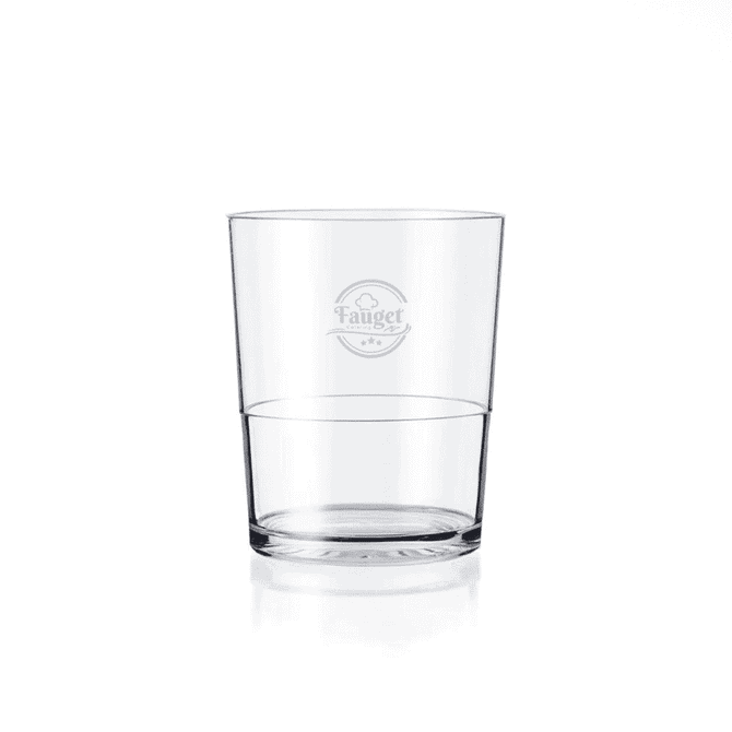 A drink bottle featuring a clear plastic tumbler with a circular logo on one side.