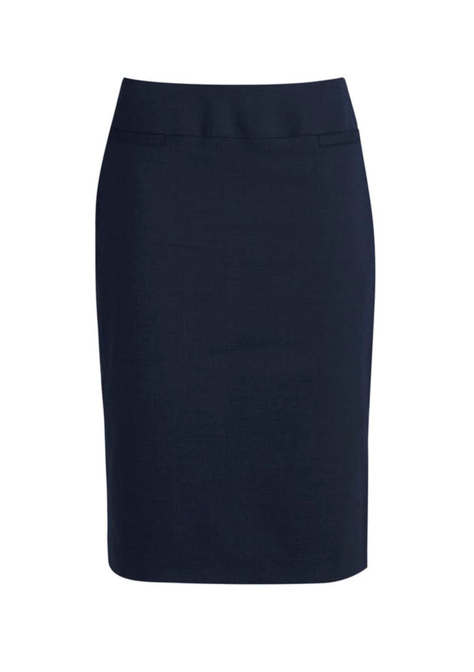 A stylish below-knee women's skirt in a dark navy colour, featuring a fitted silhouette and waistband.