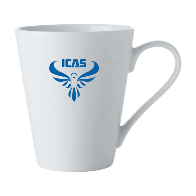 A white conical mug with a distinctive logo in blue, featuring a curved handle and a smooth finish.