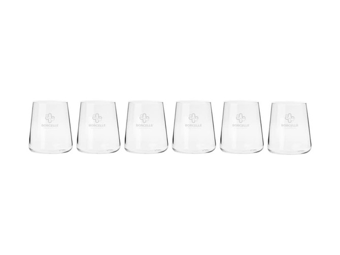 Six clear glass tumblers in a gift box, featuring a subtle logo on each.