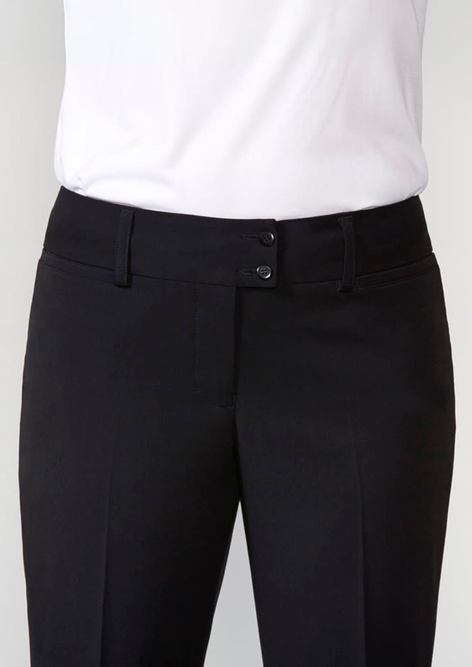 A pair of black slacks with a tailored fit and two buttons at the waist. Features a subtle branding logo.