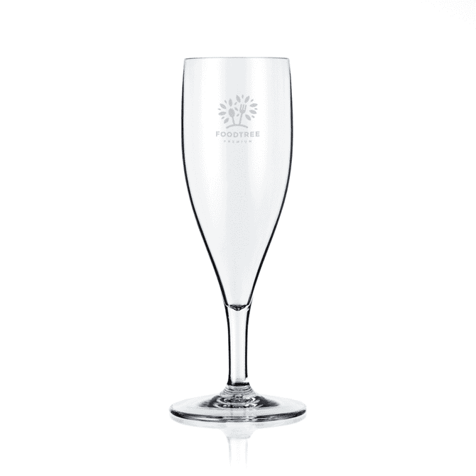 A clear plastic flute with a tall stem and a branded logo, designed for beverages.