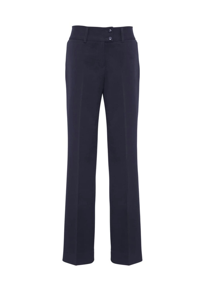 A pair of black slacks with a smooth finish and two front buttons. Features a tailored fit and straight leg design.