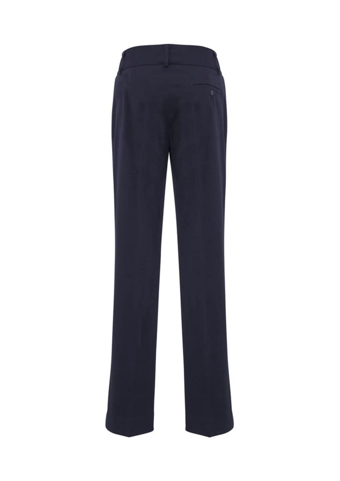 Navy slacks with a straight-leg cut and pockets at the back, featuring a logo on the waistband.