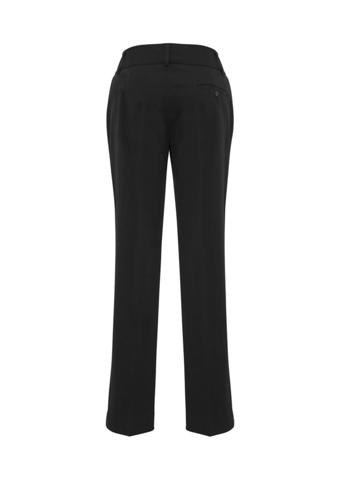 A pair of women's black slacks with straight legs, featuring a back pocket and waistband.