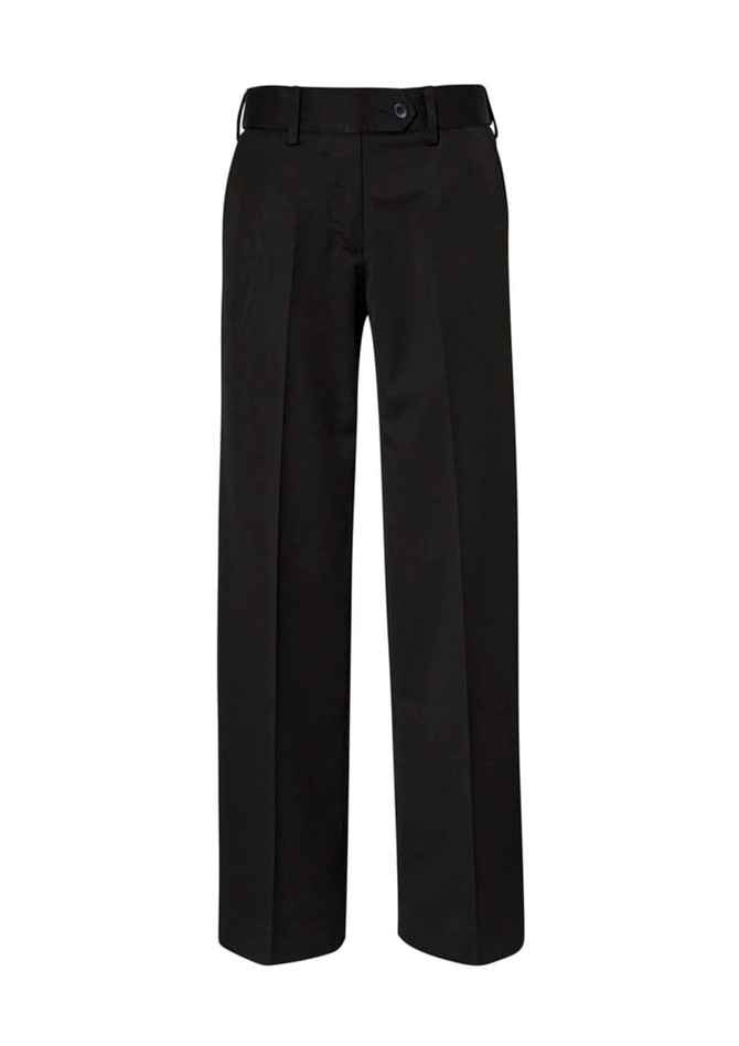 Black women's slacks with a straight leg design and a waistband featuring a button, accompanied by a logo.