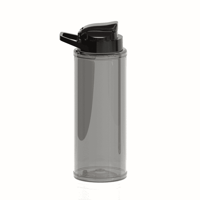 A drink bottle in a smoky grey colour with a black flip-top lid and a logo on the side.
