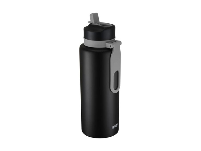 A drink bottle in matte black with a grey lid and handle, featuring a branding logo. Double wall design for insulation.
