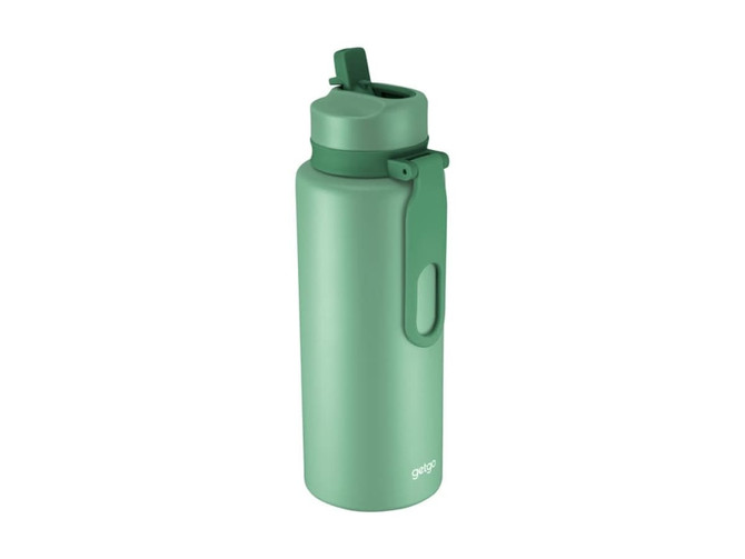 A drink bottle in green with a double wall design and a hinged lid. Features a side handle and a logo.