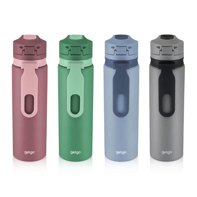 A drink bottle collection featuring pink, green, blue, and grey double wall designs, each with a logo.
