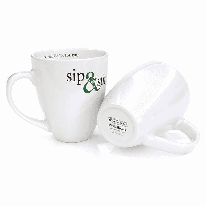 A white ceramic mug with a curved handle, featuring a logo and a glossy finish, on a plain background.