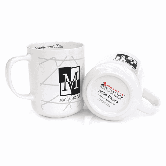 A white coffee mug featuring a logo, shown upright and tipped over, with a glossy finish.