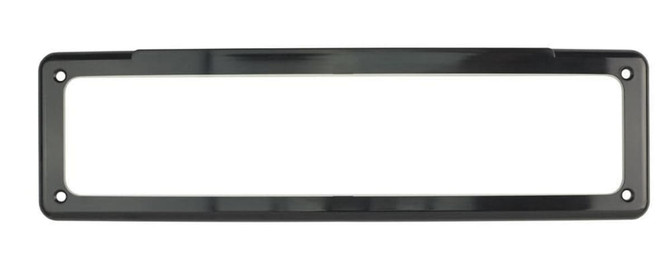 A black number plate holder with a rectangular shape and mounting holes at the corners.